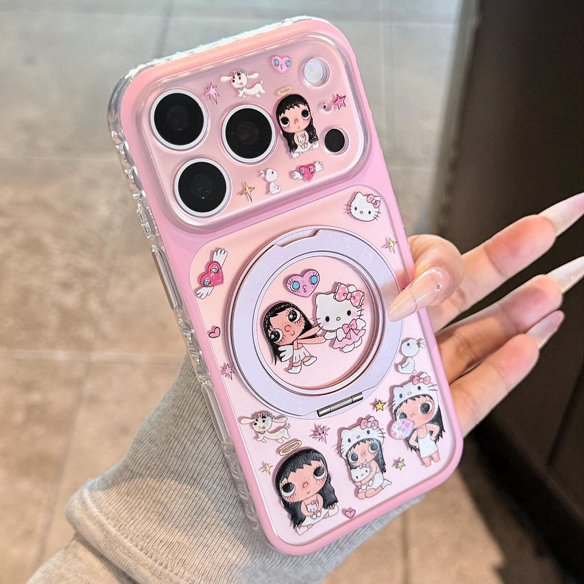 360支架适用苹果17PRO手机壳爱心女孩猫咪iphone16Promax新款15pro平果17/16大视窗磨砂镭射萌系风可爱保护套
