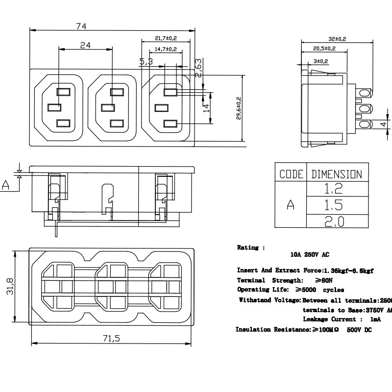 LZ-F-3L三联AjC电源母座品字型C13电源母座PDU/UPS插座模块CCC认