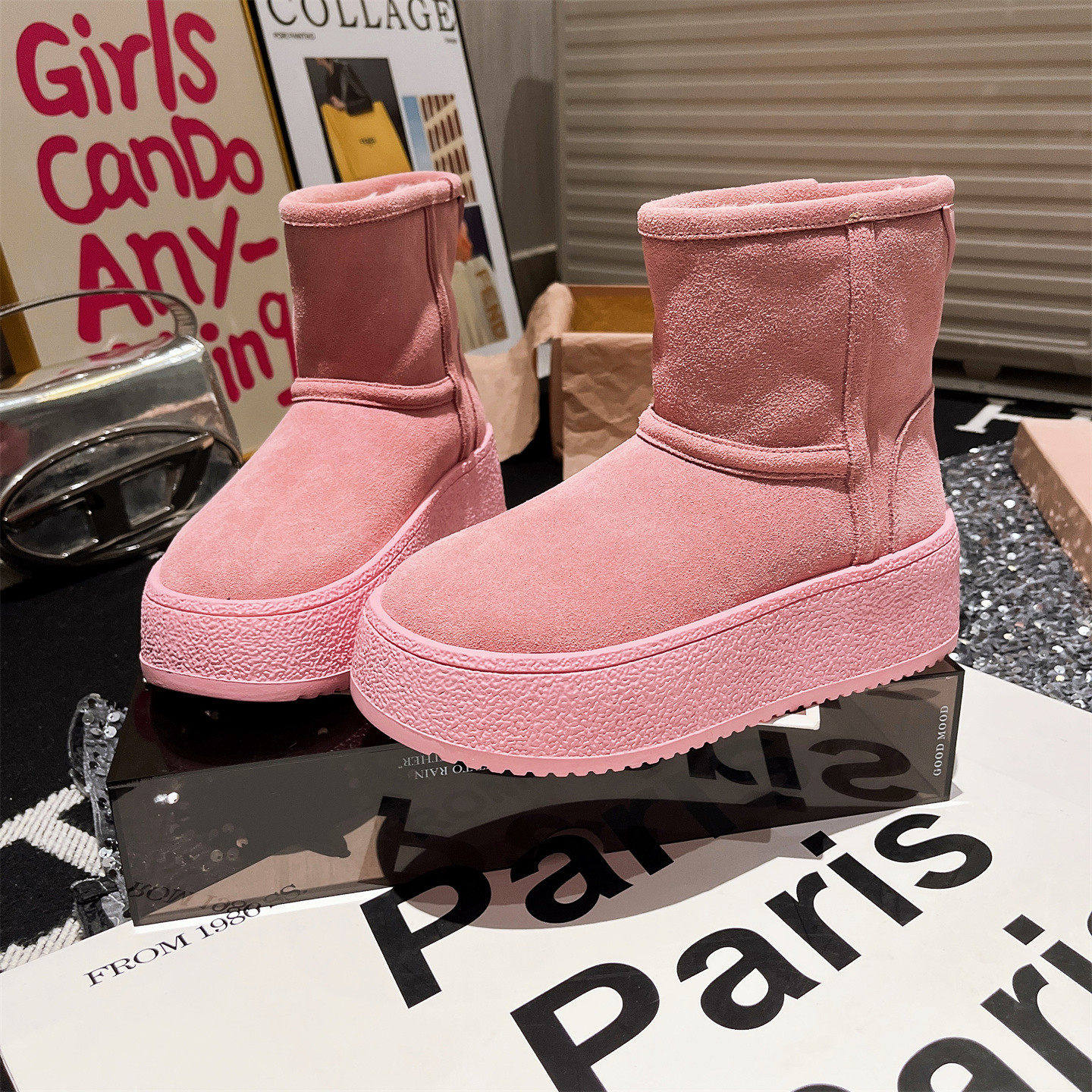 欧货新款磨砂真皮大头丑萌面包鞋勃肯鞋糖果色雪地棉靴羊羔绒女鞋,女鞋,时尚雪地靴,淘宝优惠券,粉丝福利购,淘宝优惠卷