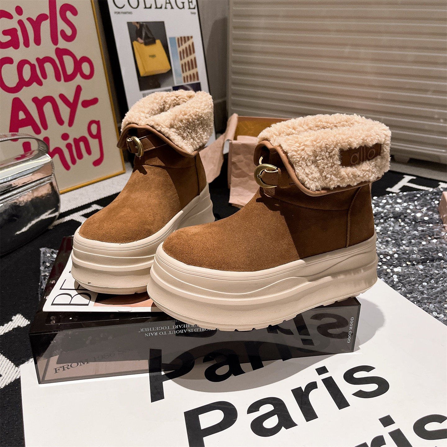 欧货冬季新款真皮翻领两穿毛毛鞋厚底松糕加绒雪地棉靴短筒靴女鞋,女鞋,时尚雪地靴,淘宝优惠券,粉丝福利购,淘宝优惠卷