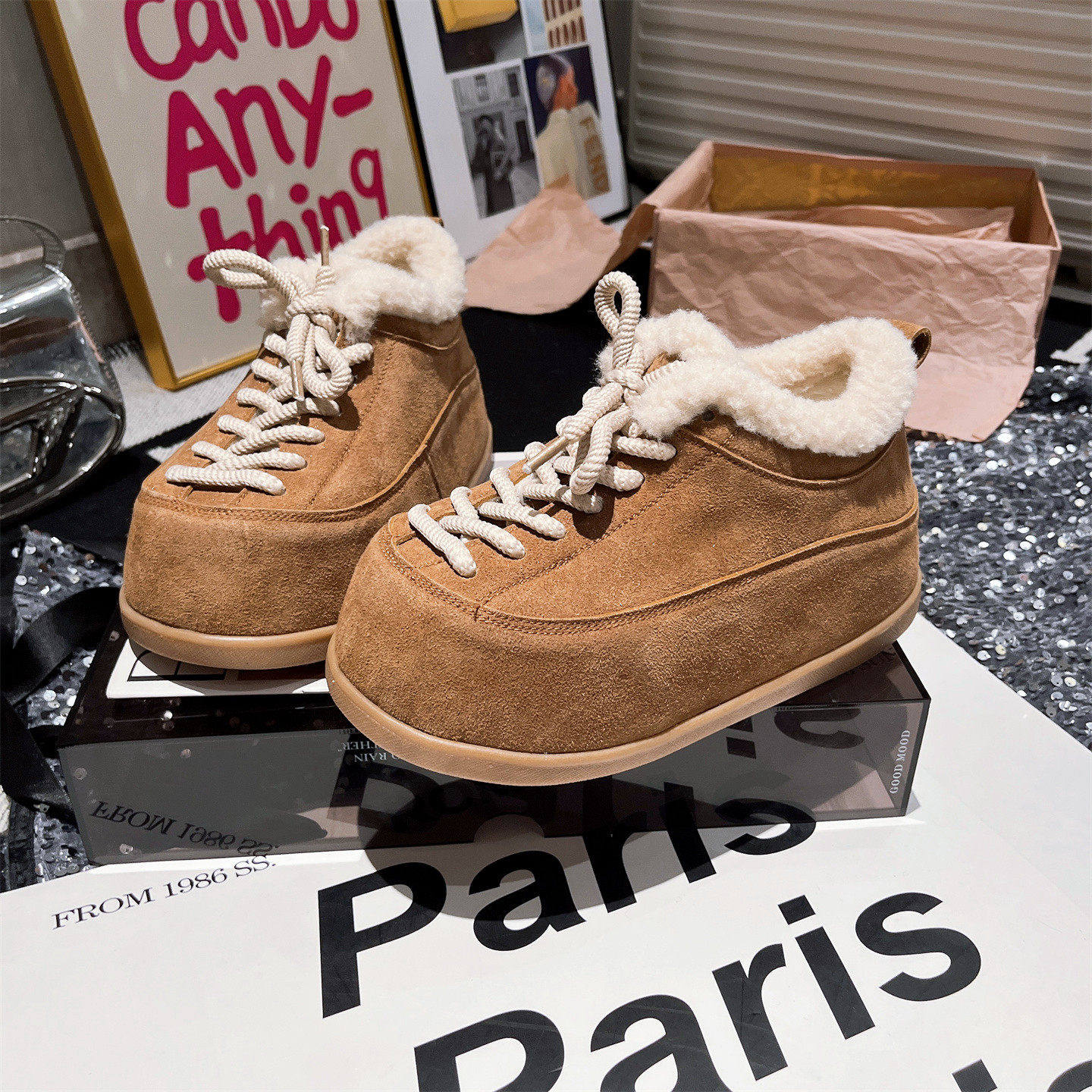 欧洲站真羊羔毛毛鞋系带绑带松糕卡皮巴拉小个子雪地棉勃肯鞋女鞋,女鞋,勃肯鞋/软木鞋,淘宝优惠券,粉丝福利购,淘宝优惠卷