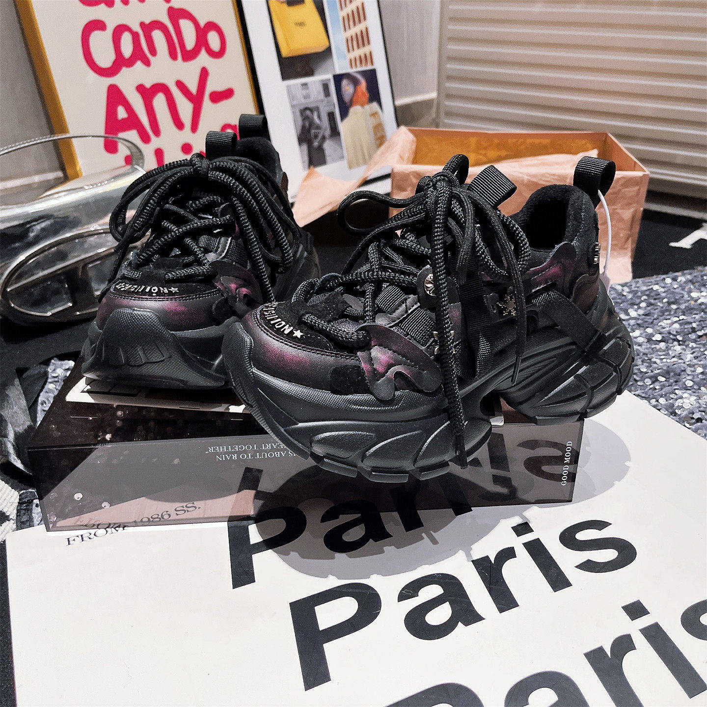 欧洲站真皮重工铆钉厚底松糕绑带帅气小个子加绒老爹鞋运动鞋女鞋,女鞋,老爹鞋,淘宝优惠券,粉丝福利购,淘宝优惠卷