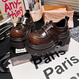 欧洲站新款真皮擦色金属方扣JK小皮鞋乐福鞋加绒英伦风小个子女鞋