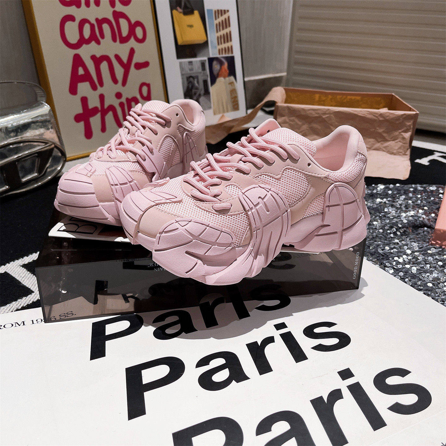 真皮版~欧洲站机车系带粉色老爹鞋厚底松糕包跟运动鞋显脚小女鞋,女鞋,老爹鞋,淘宝优惠券,粉丝福利购,淘宝优惠卷