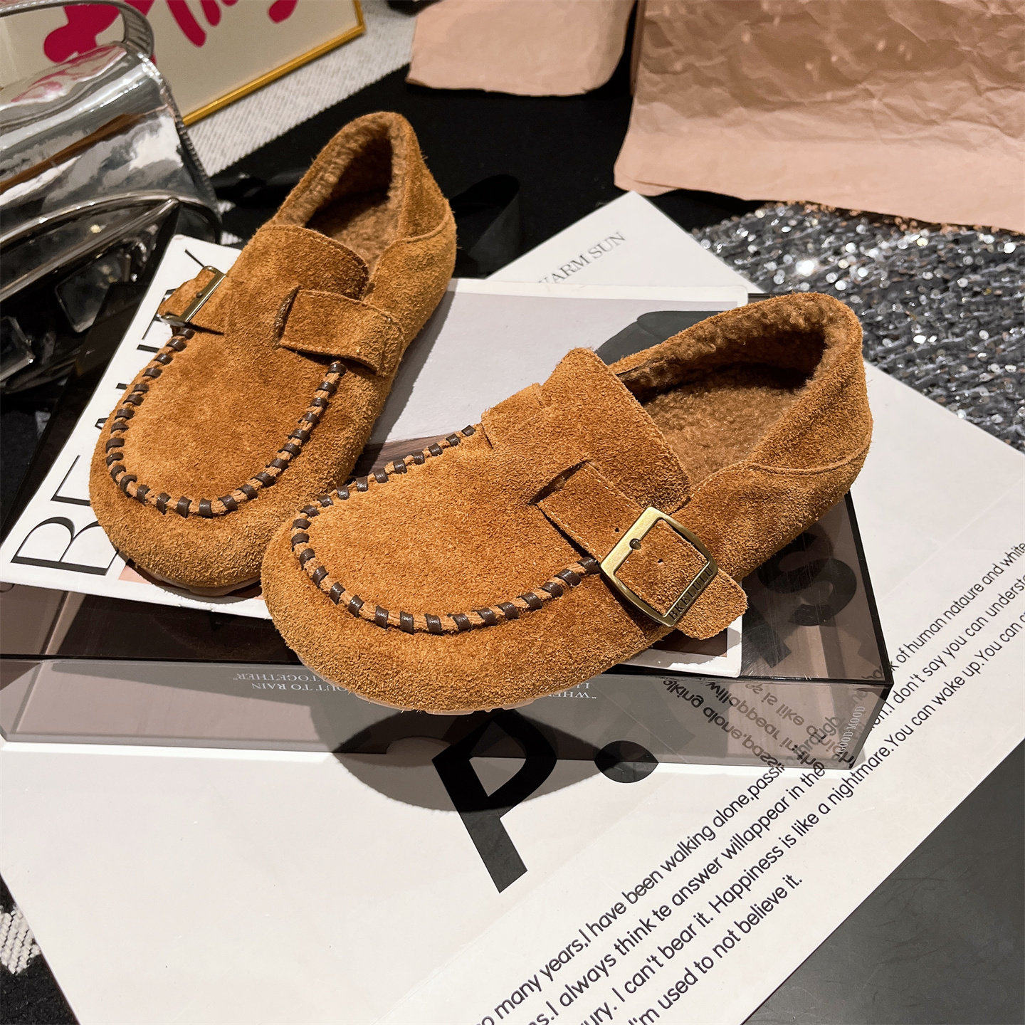 2025新款真皮加绒缝线棉瓢鞋乐福鞋一脚蹬豆豆鞋勃肯鞋平底鞋女鞋,女鞋,勃肯鞋/软木鞋,淘宝优惠券,粉丝福利购,淘宝优惠卷