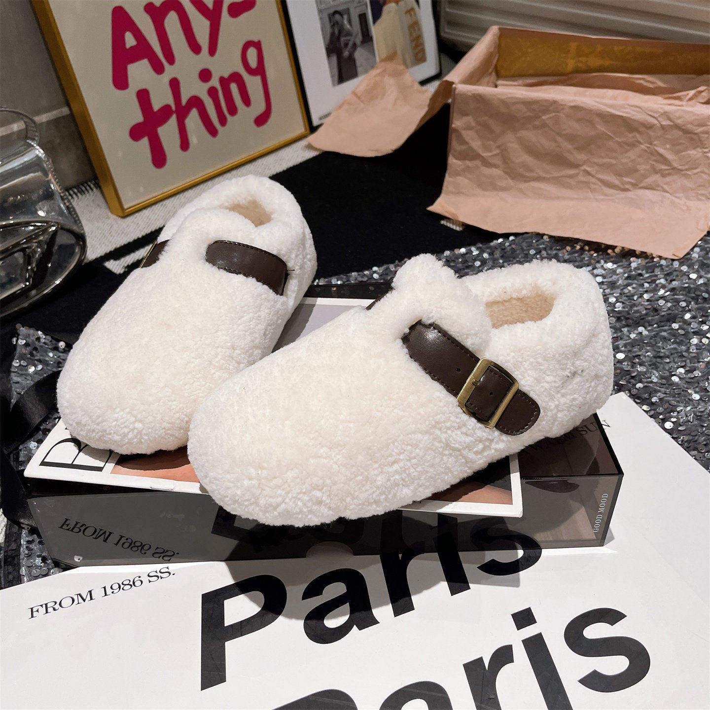 羊毛版~金属扣皮草毛毛鞋平底鞋乐福鞋一脚蹬豆豆鞋加绒勃肯鞋女,女鞋,勃肯鞋/软木鞋,淘宝优惠券,粉丝福利购,淘宝优惠卷