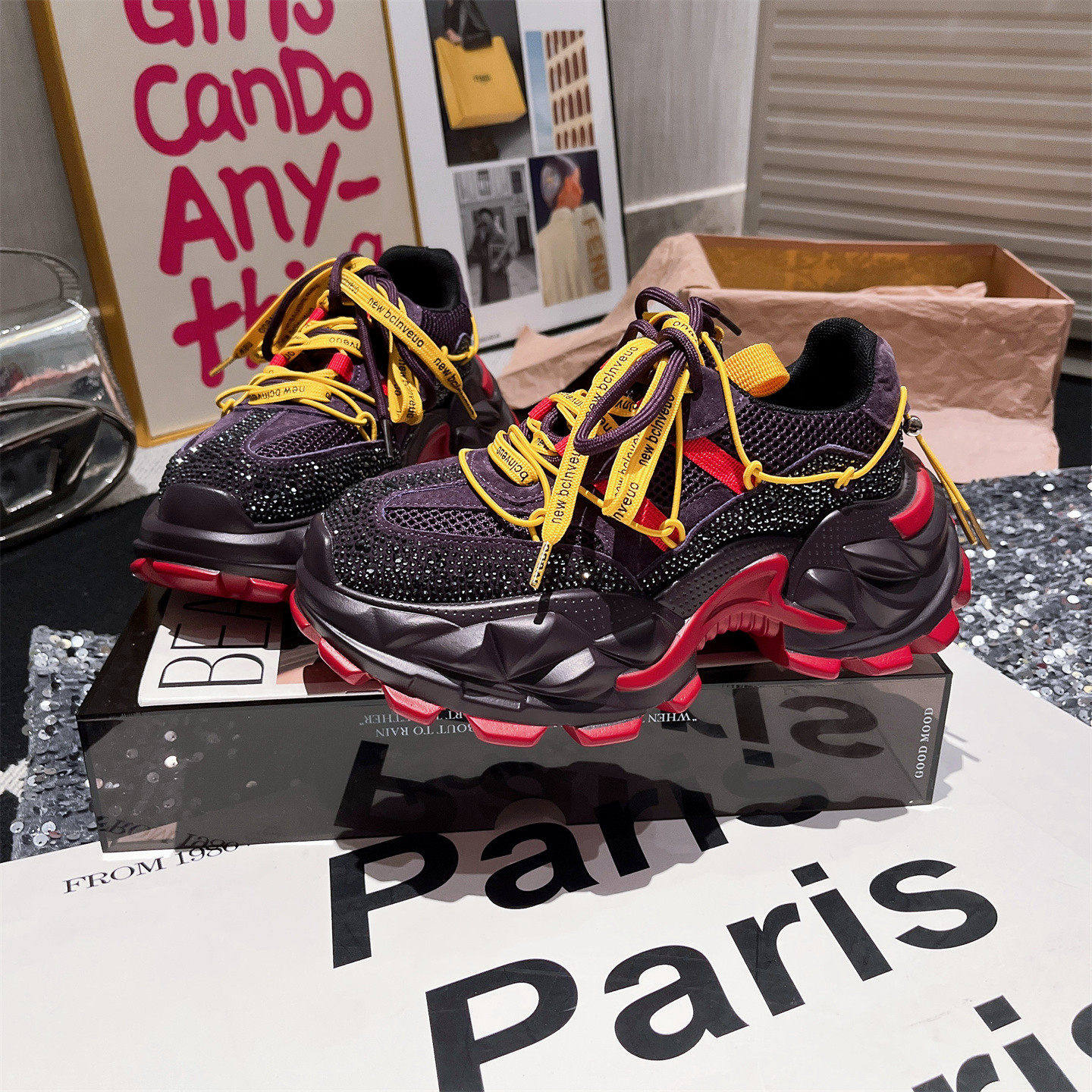 欧货水钻满钻系带绑带厚底松糕双系带拼色老爹鞋运动鞋休闲鞋女鞋,女鞋,老爹鞋,淘宝优惠券,粉丝福利购,淘宝优惠卷