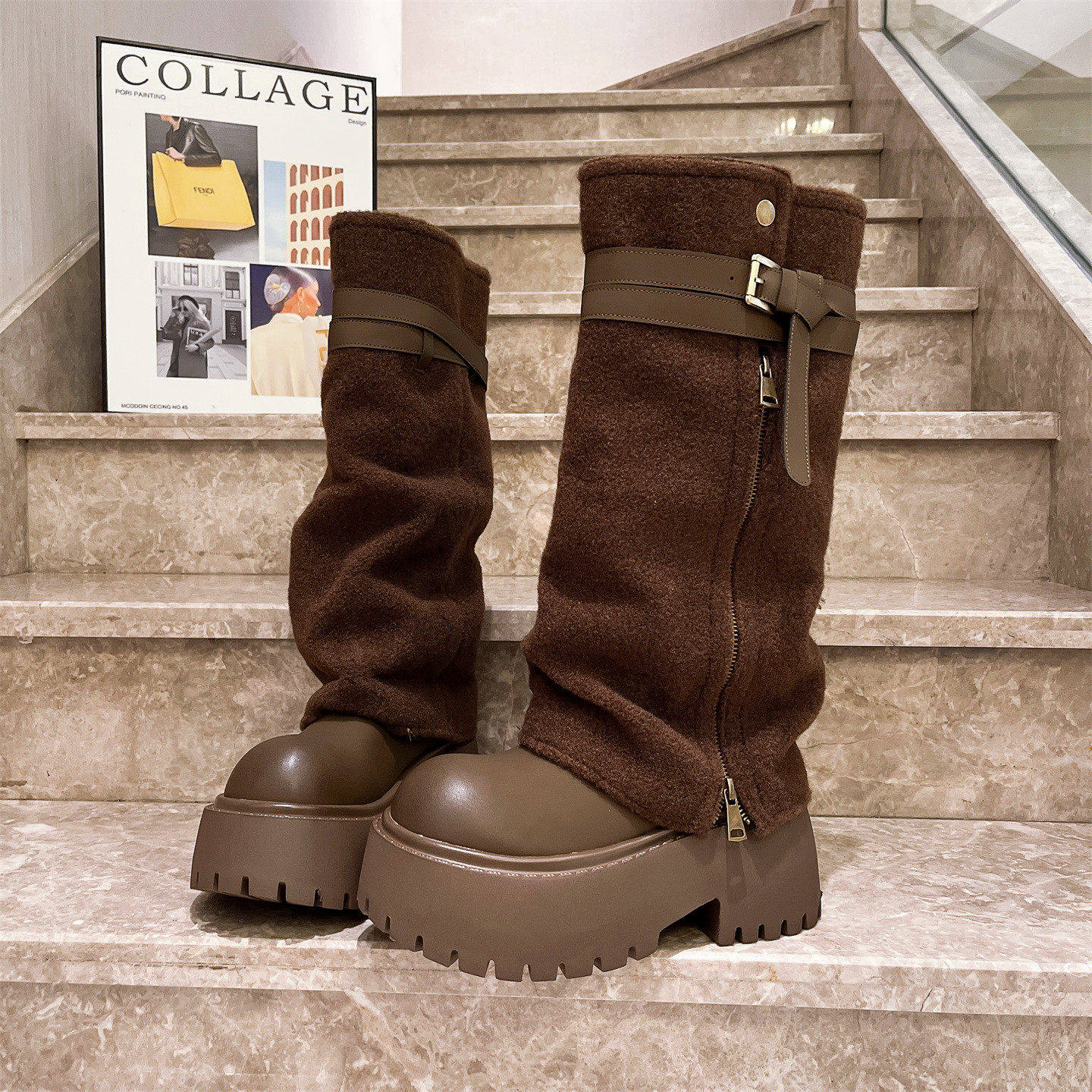 欧货毛呢皮带扣机车靴女松糕长靴拉链骑士靴帅气增高堆堆靴马丁靴,女鞋,马丁靴,淘宝优惠券,粉丝福利购,淘宝优惠卷