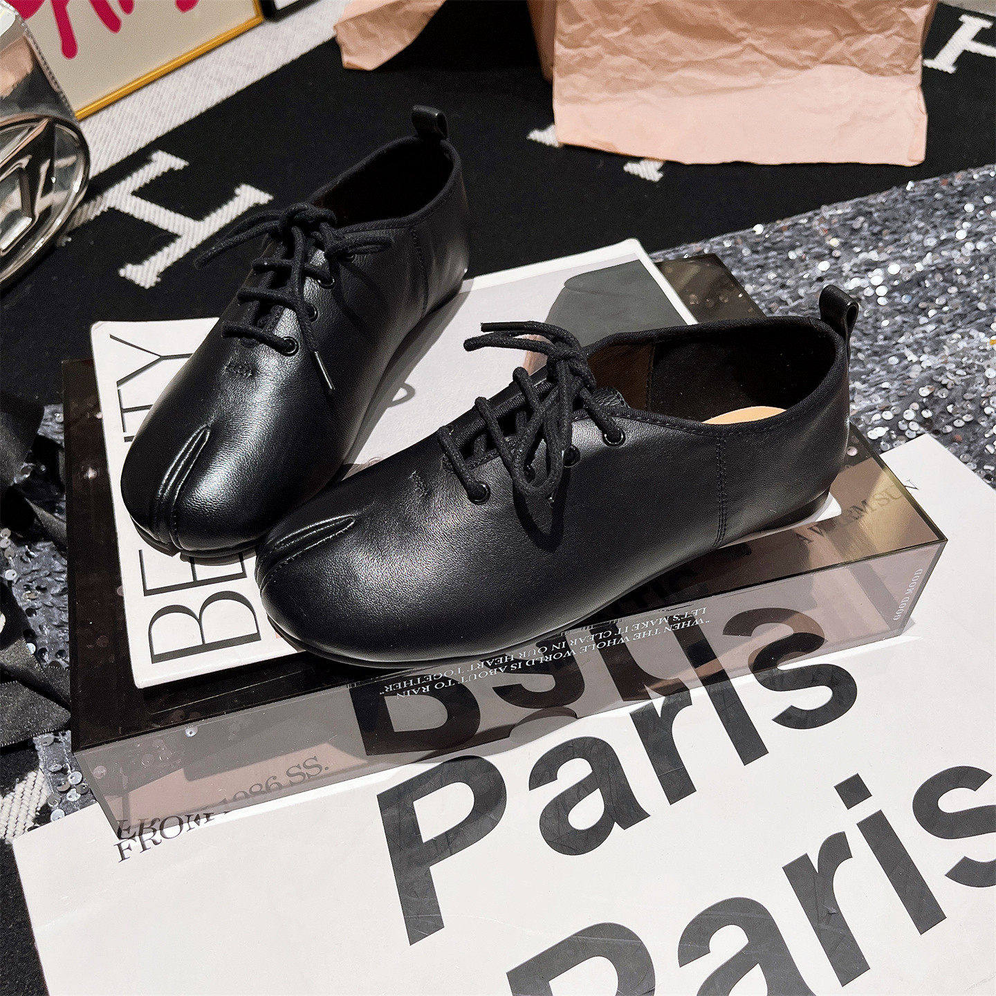 羊皮版~欧货分趾猪蹄鞋系带芭蕾风小皮鞋乐福鞋单鞋平底黑色女鞋,女鞋,时尚芭蕾鞋,淘宝优惠券,粉丝福利购,淘宝优惠卷