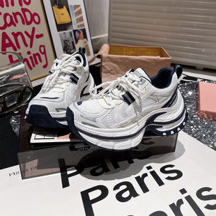 6cm~韩版做旧擦色系带厚底松糕老爹鞋运动鞋休闲小个子小白鞋女鞋