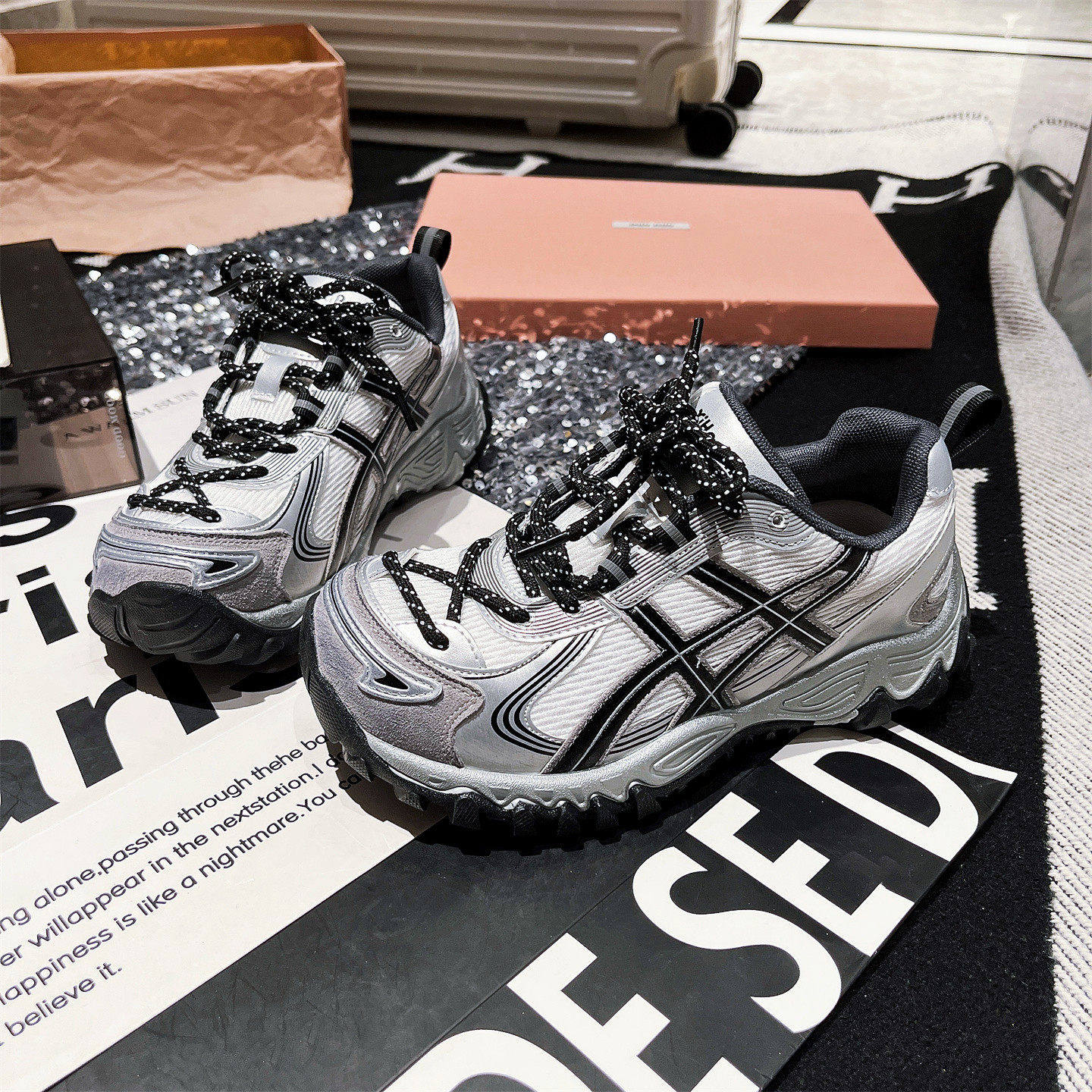 真皮版~欧货系带液态银色交叉绑带休闲老爹鞋运动鞋显脚小女鞋潮,女鞋,老爹鞋,淘宝优惠券,粉丝福利购,淘宝优惠卷