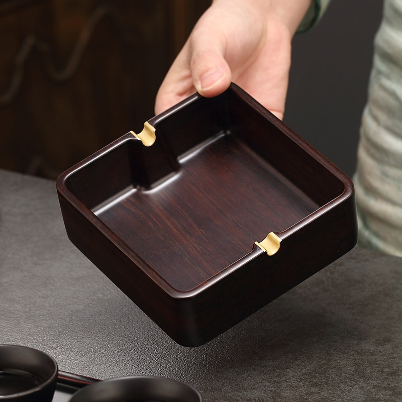简约烟灰缸嵌铜复古中式家用客厅办公室复古轻奢创意便捷实木烟缸