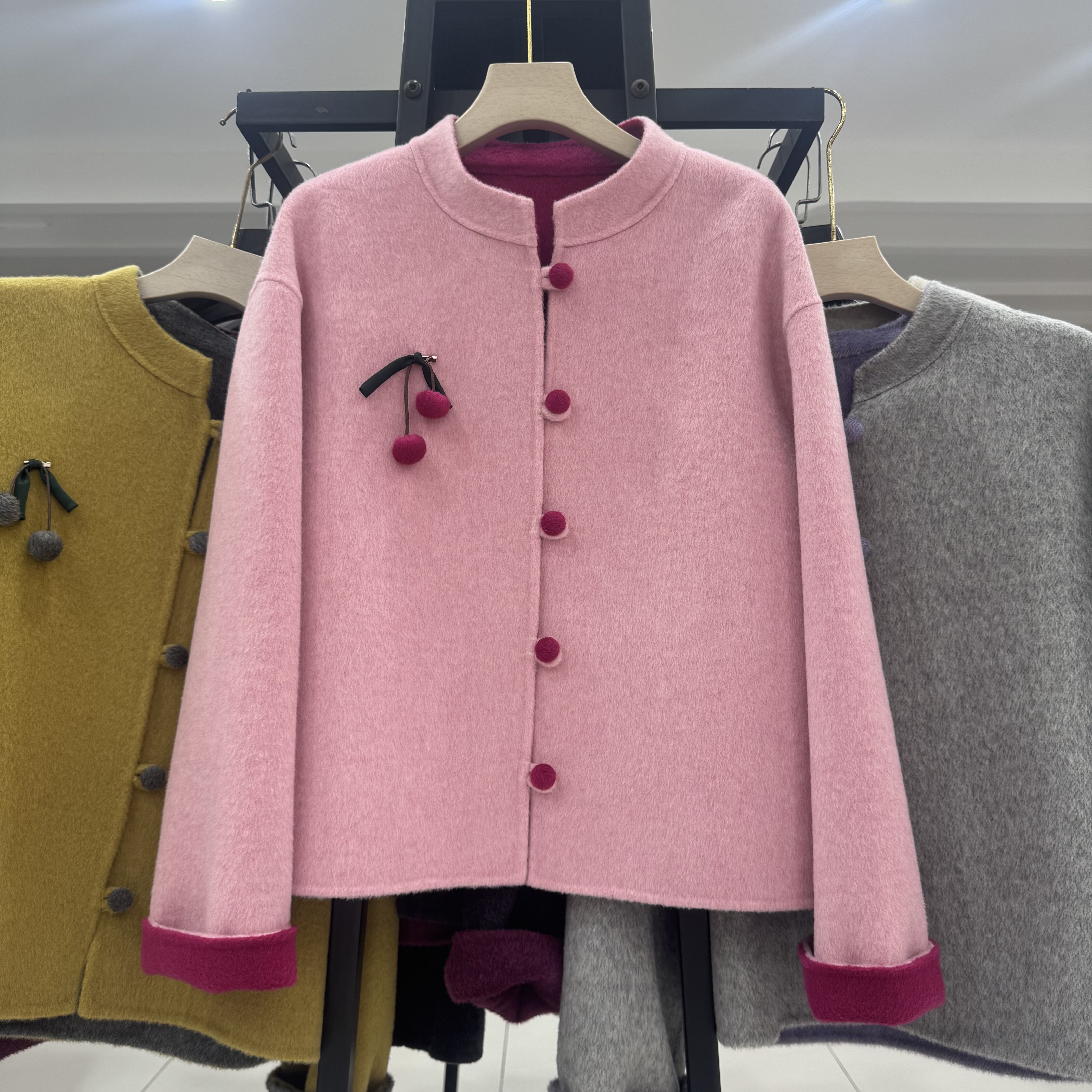 新中式2025秋双面羊绒大衣女短款韩系设计感超好看小个子毛呢外套