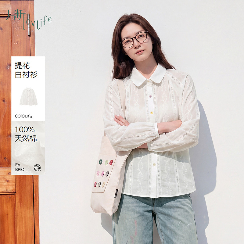 片断衬衫女冬季新款长袖内搭设计感蕾丝减龄气质短款白色衬衣图片