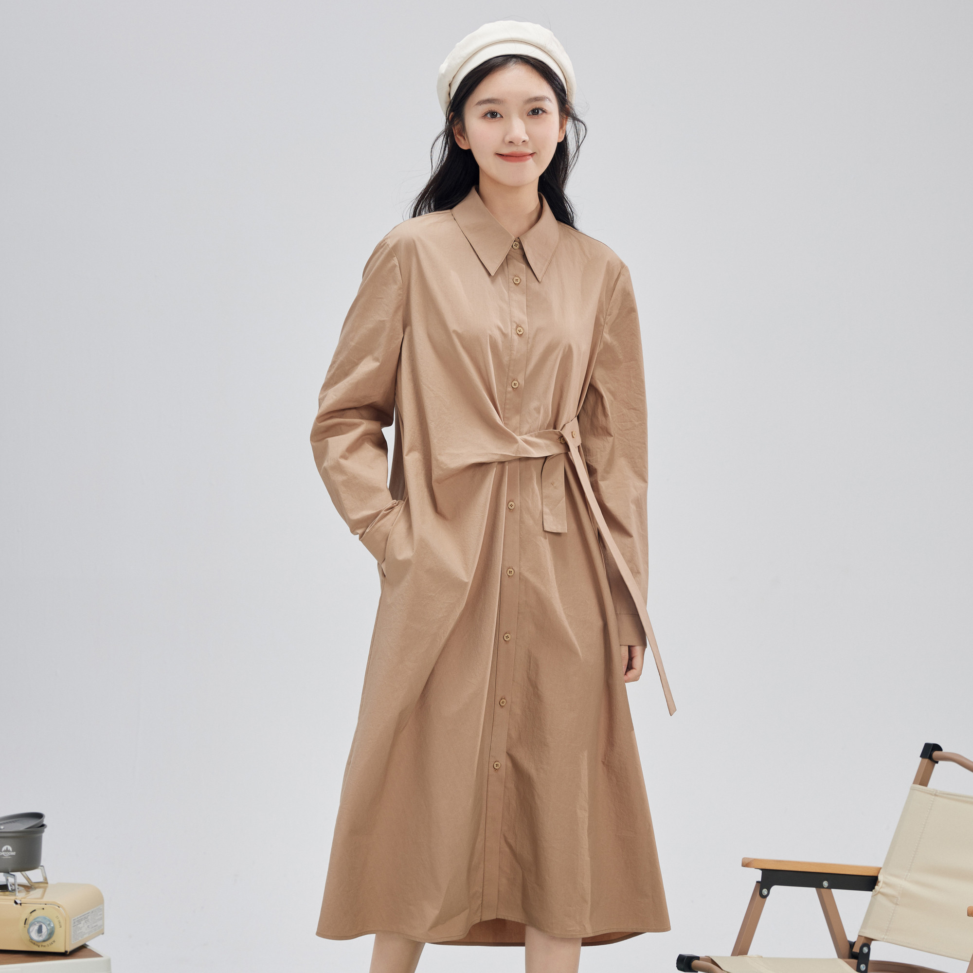 片断连衣裙女春季新款系带不规则设计宽松减龄衬衫长裙