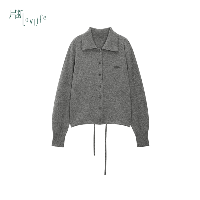 片断毛针织衫女冬季新款休闲学院小众高智通勤宽松Polo开衫