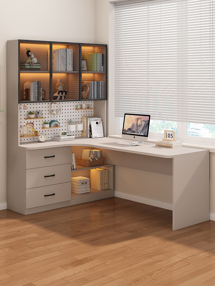 实木转角书桌书架组合一体办公桌台式家用电脑桌学生学习写字桌子