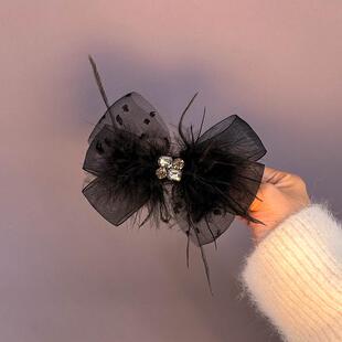 2026新款高端头饰羽毛黑色大蝴蝶结发夹高级感半扎发弹簧夹发卡女
