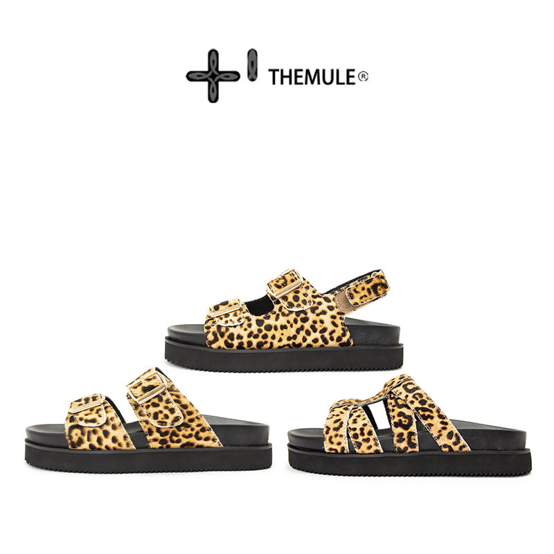 欧美豹纹马毛凉鞋丑萌真皮勃肯凉鞋女夏外穿2025新款小众厚底半拖