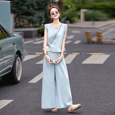 天丝亚麻马甲阔腿裤两件套装夏季