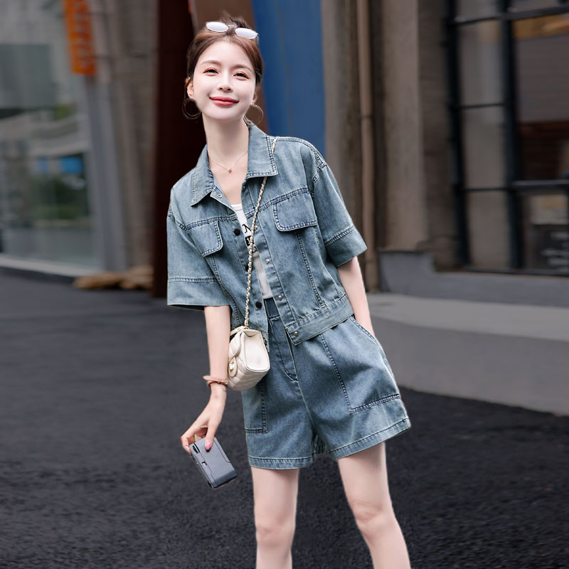 复古牛仔短裤时尚套装女装夏季2025新款夏装两件套时髦洋气小个子