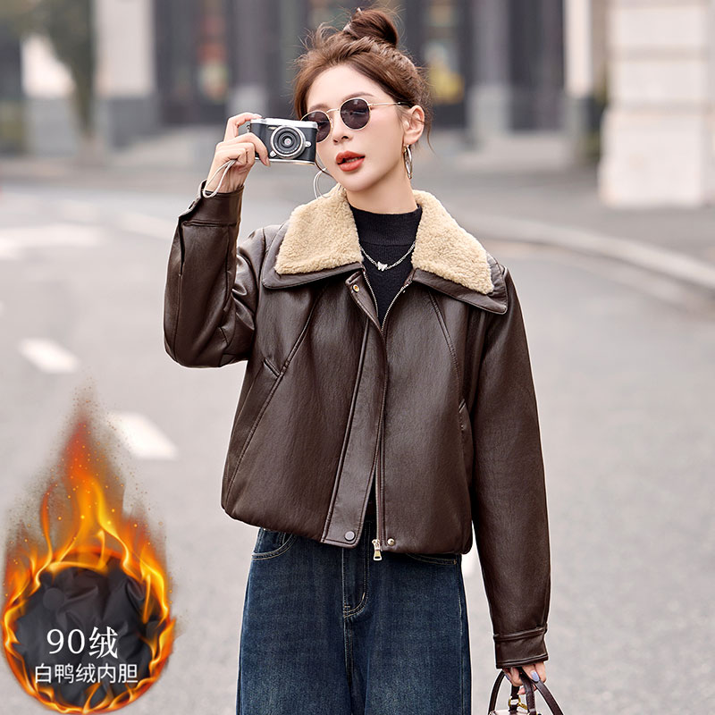 PU皮衣免洗羽绒服女冬季短款