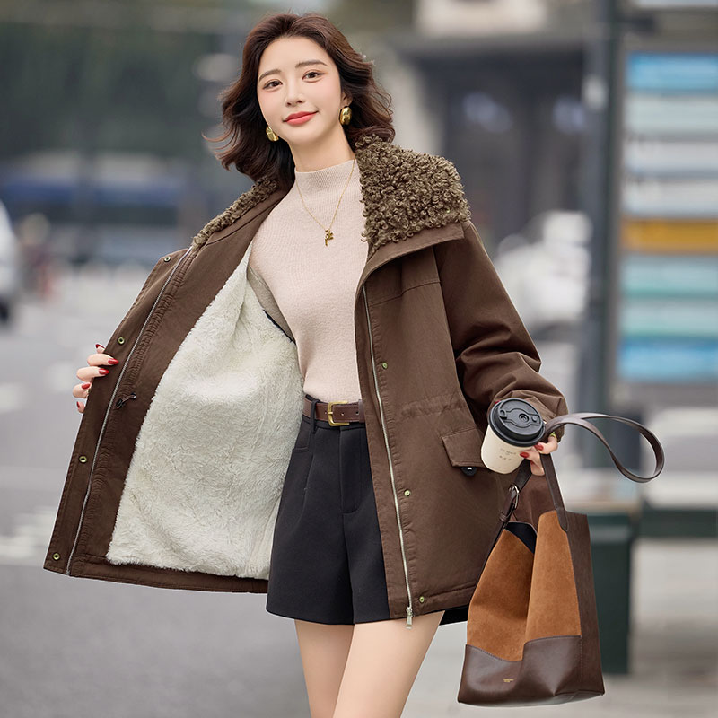 大翻领派克棉服外套女加绒加厚女