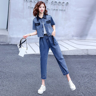 欧货2025薄牛仔工装短袖套装女潮炸街两件套夏季小个子显瘦九分裤