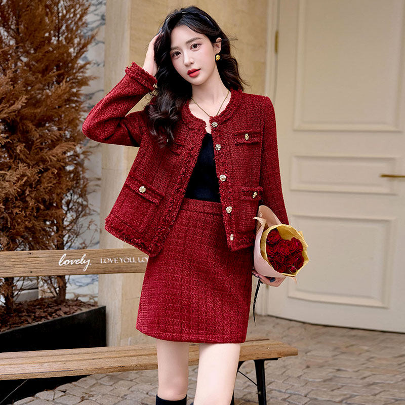 红色小香风贵气千金套装短裙女秋冬2025新款爆款轻奢高级感小个子,女装/女士精品,时尚套装,淘宝优惠券,粉丝福利购,淘宝优惠卷