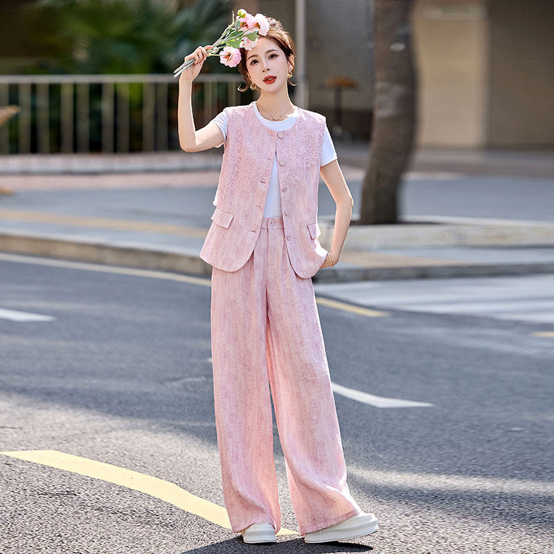 蕾丝拼接马甲T恤阔腿裤三件套女款时尚高级感套装夏季穿搭一整套