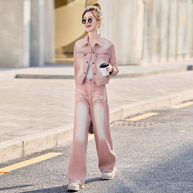 春装粉色牛仔外套阔腿弯刀裤两件套女装2026新款今年流行爆款套装