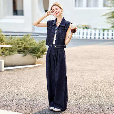 牛仔马甲套装阔腿裤两件套