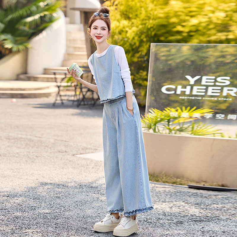 马甲背心阔腿九分裤牛仔套装女春夏2025新款超火三件套爆款高级感