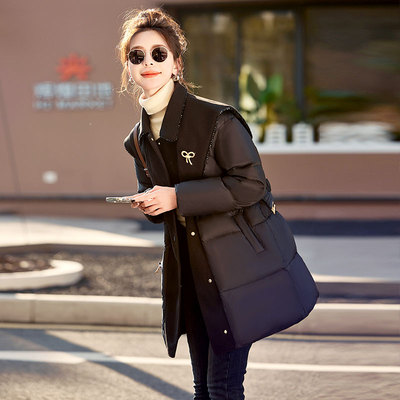 90%白鸭绒海军领羽绒外套中长款