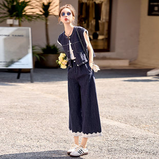 牛仔马甲阔腿九分裤夏季套装女2025新款爆款高级感夏日穿搭小个子