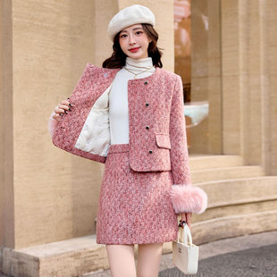 狐狸毛领小香风羽绒外套冬款套装短款裙子两件套2025新款爆款冬装