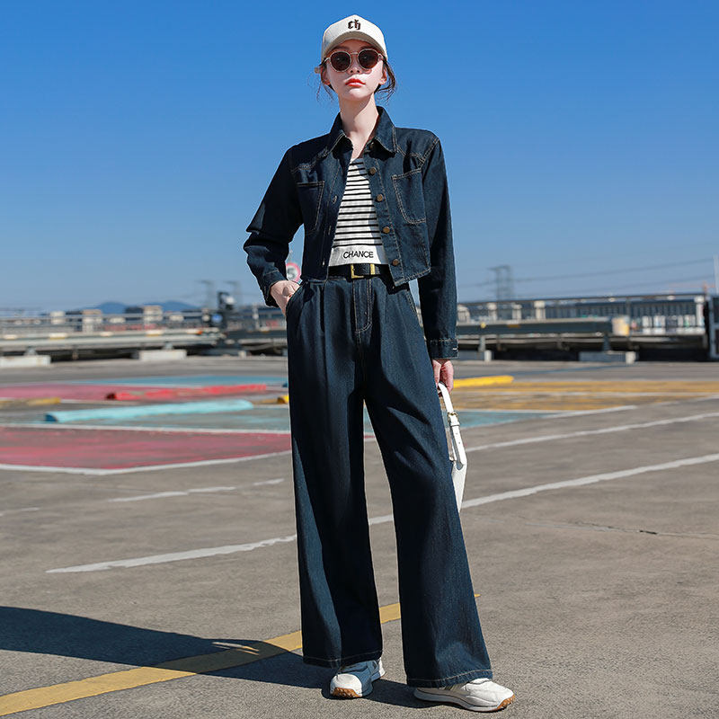 春季牛仔阔腿裤套装女装2026新款爆款时尚洋气今年流行爆款高级感