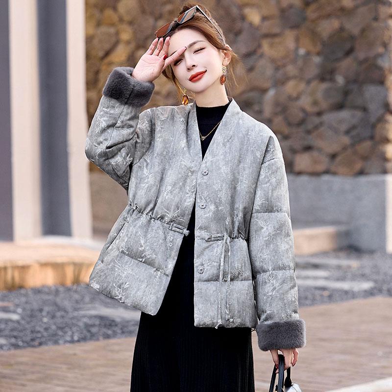国风v领收腰羽绒服外套女款冬季
