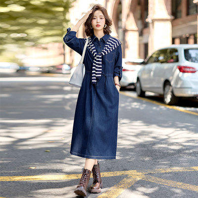 巨好看条纹披肩牛仔裙长袖连衣裙