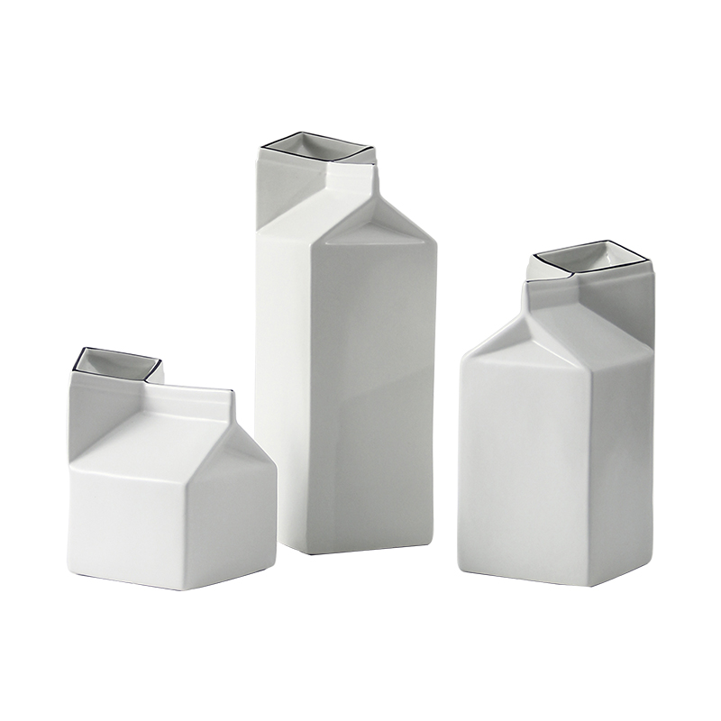 简约现代创意牛奶盒陶瓷花瓶摆件样板间售楼处客厅玄关桌面插花器