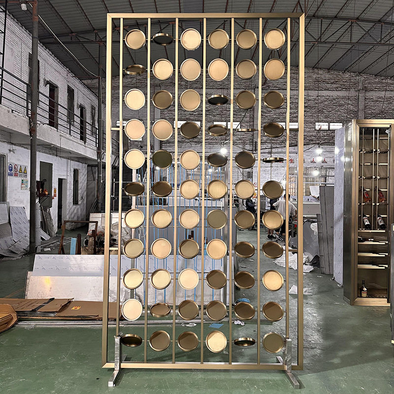 酒店花格现代金属客厅玄关玫瑰金不锈钢镂空圆形镜子网红屏风隔断
