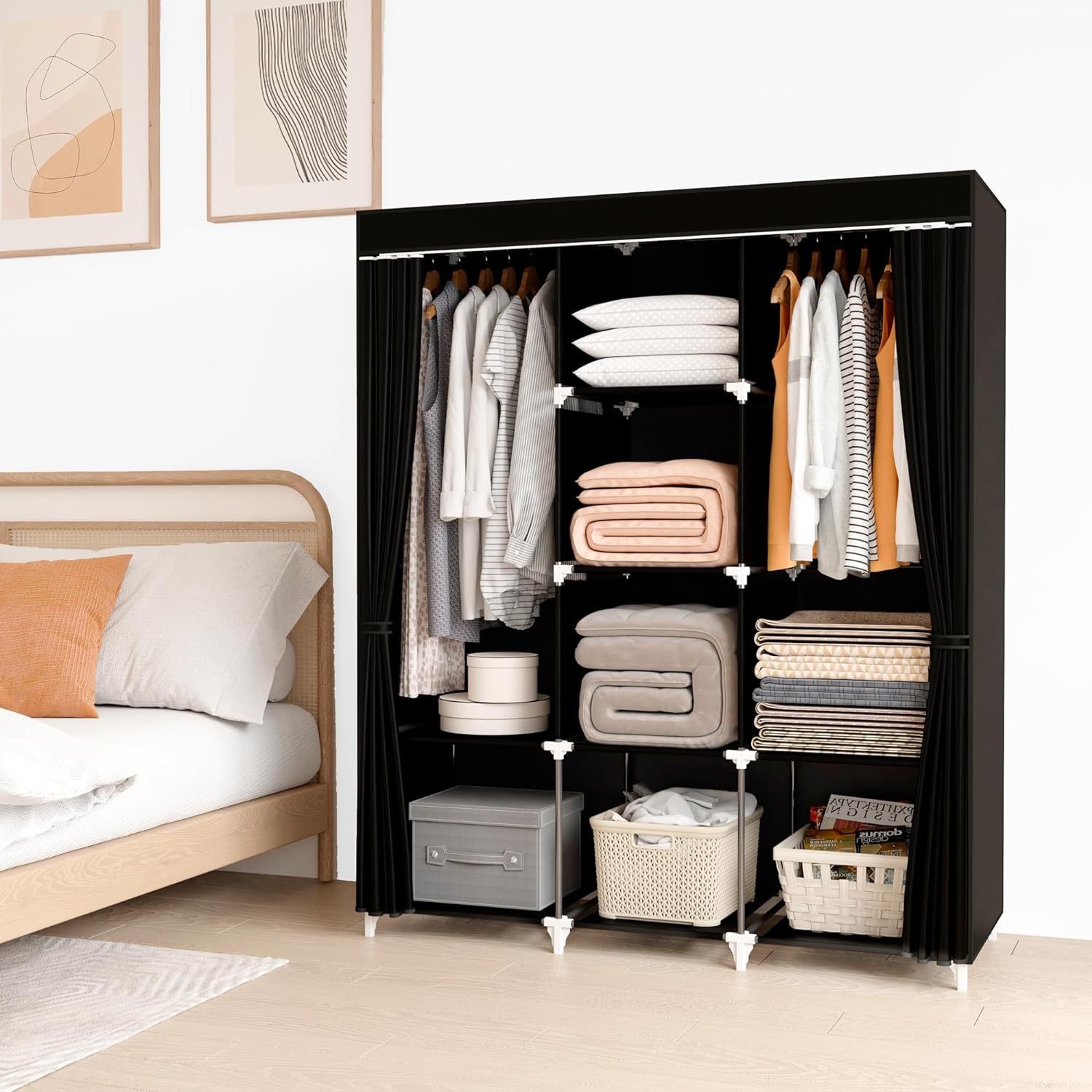 简易无纺布衣柜用于悬挂衣服,带 2 根挂杆,8 个卧室储物收纳架