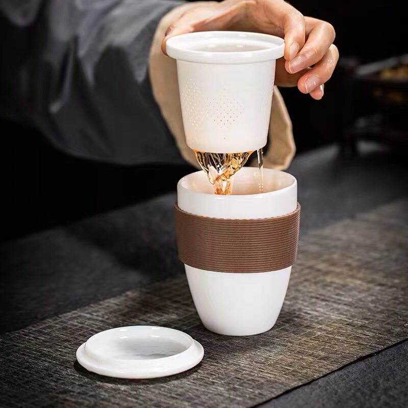 羊脂玉暖手杯陶瓷茶杯德化白瓷带内胆三件套泡茶个人杯茶水分离