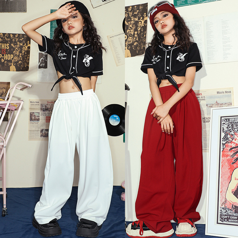 爵士舞服装女童夏季练功服短款上衣宽松阔腿裤套装少儿童jazz