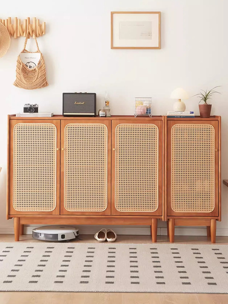 实木鞋柜家用客厅藤编门樱桃木色小户型入户置物鞋架门口收纳柜子,住宅家具,鞋柜,淘宝优惠券,粉丝福利购,淘宝优惠卷