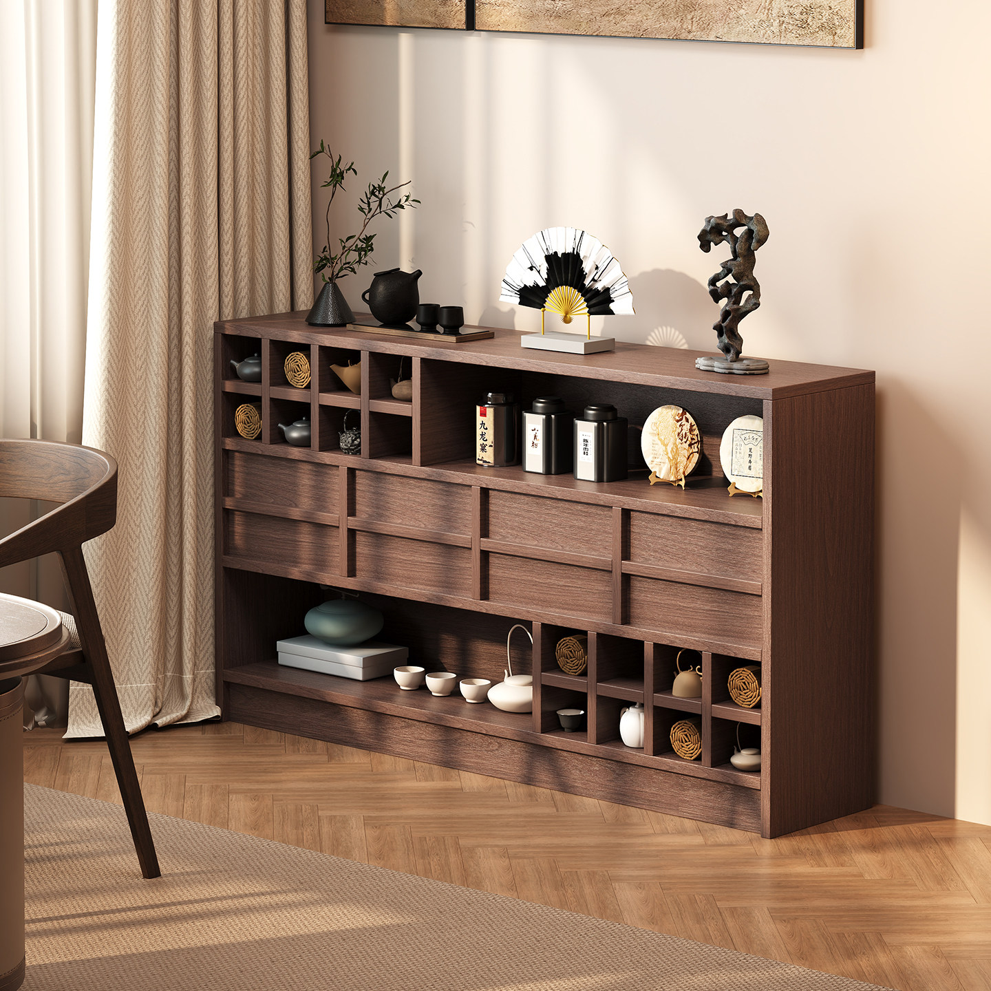 中式博古架小型茶柜茶具置物架多宝阁客厅简约现代储物展示柜矮柜