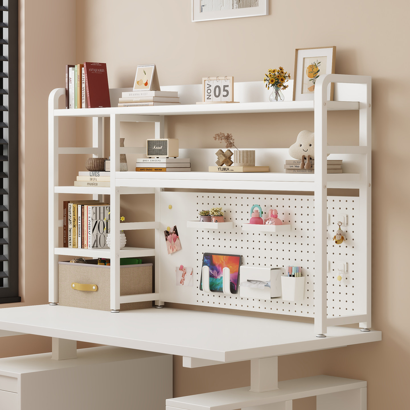 家用办公桌置物架 书桌多层铁艺收纳 学生电脑桌洞洞板书架