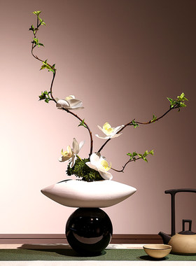 春叶嫩芽绿植蝴蝶兰花束侘寂陶瓷瓶假花艺玄关酒店装饰品辅料插花