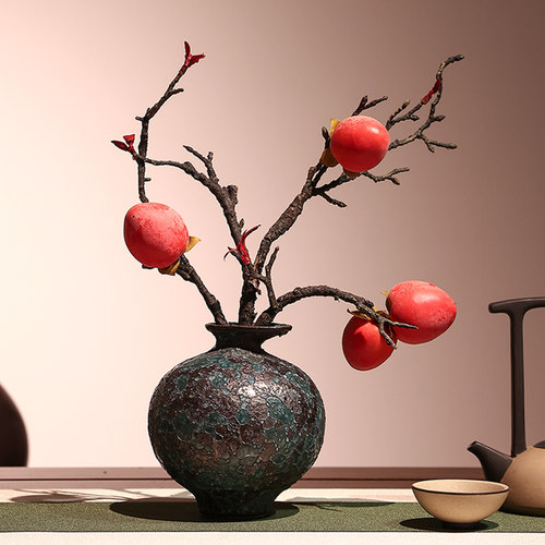 含霜仿真尖尖柿枯枝果实树枝侘寂花瓶套装插花艺假花客厅家居摆设
