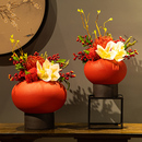 饰花艺 新中式 轻奢红陶瓷花瓶摆件酒店整体花艺盆景插花客厅玄关装